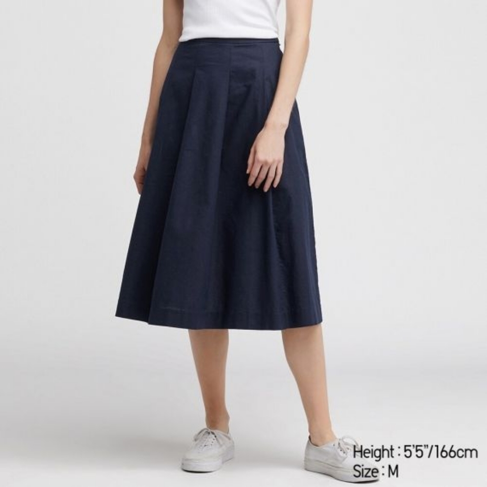 Uniqlo Navy Cotton Pleated Midi Skirt